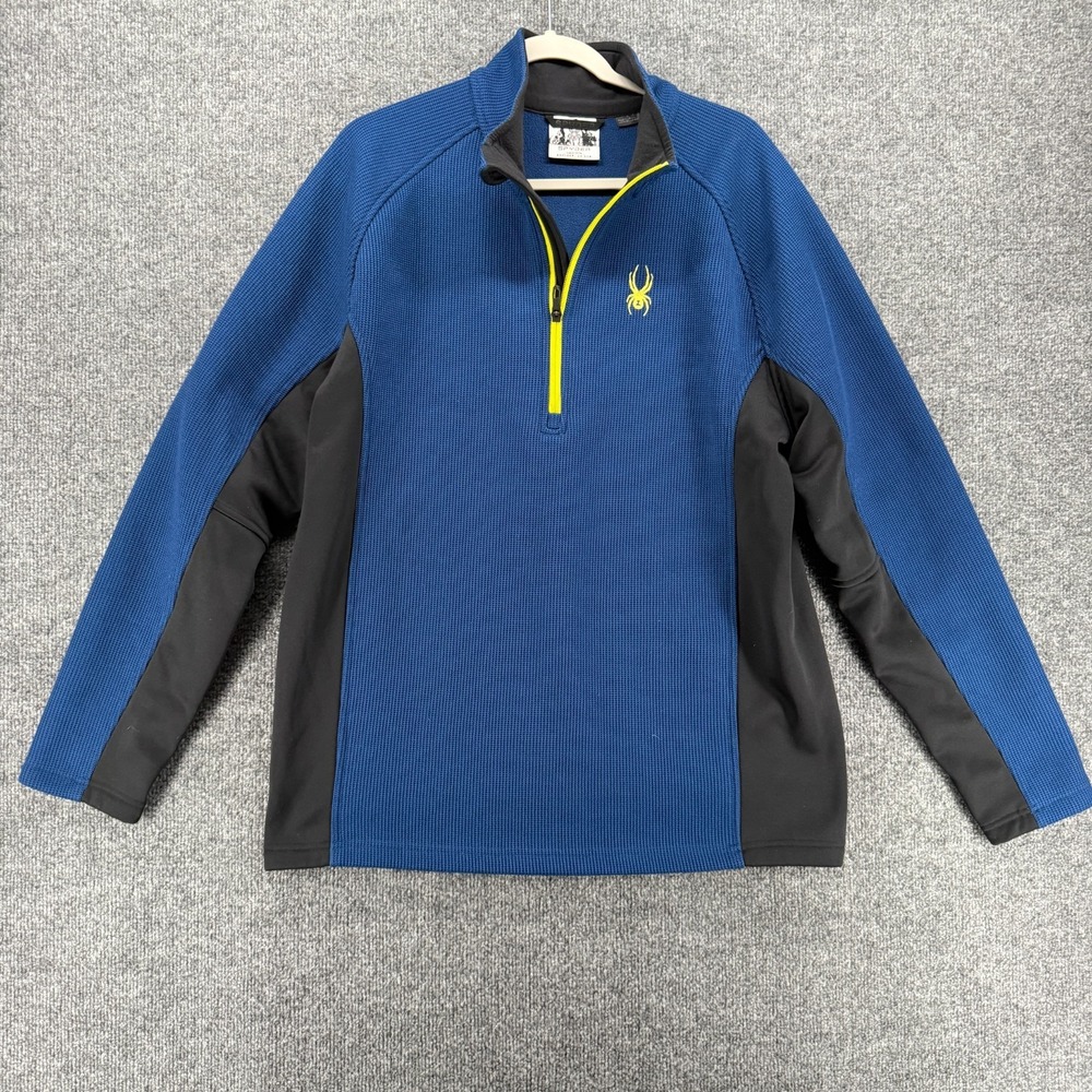 Spyder Sweater Mens XL Blue Black 1/4 Zip Pullover Textured Outdoor Hiking Ski